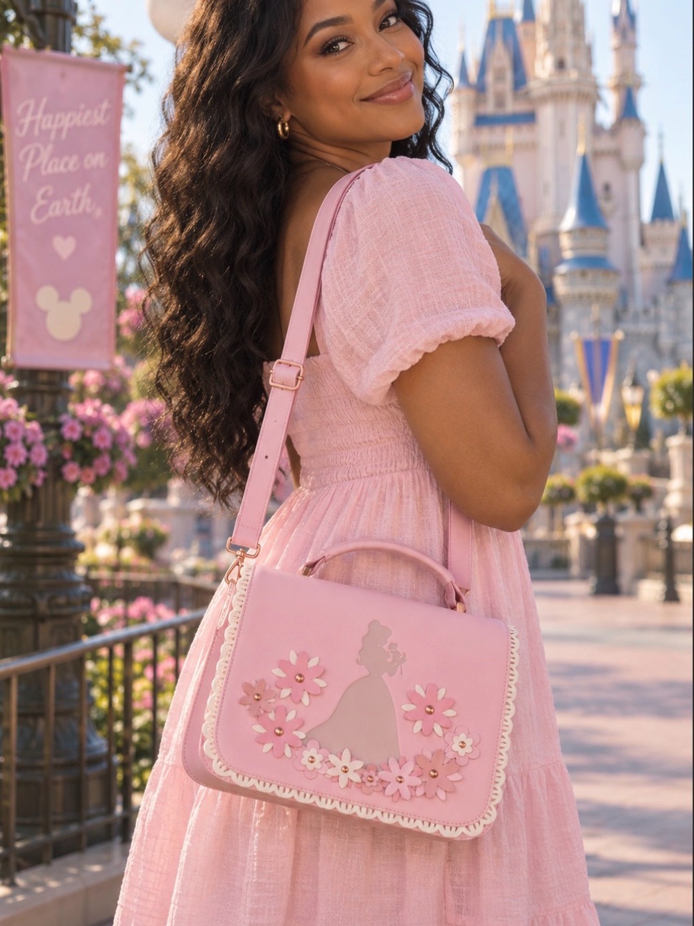 Loungefly Disney Princess Belle Pink Stained glass Crossbody Satchel Handbag NWT